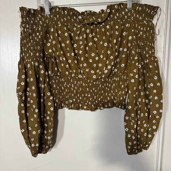 Zara Floral Off-Shoulder Top in Olive Green XL NWT - Picture 3 of 7